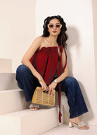 Maroon Red Linen Blend One-Shoulder Tie-Up Top - Kaoribyshreya