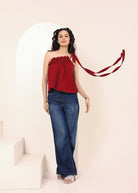 Maroon Red Linen Blend One-Shoulder Tie-Up Top - Kaoribyshreya