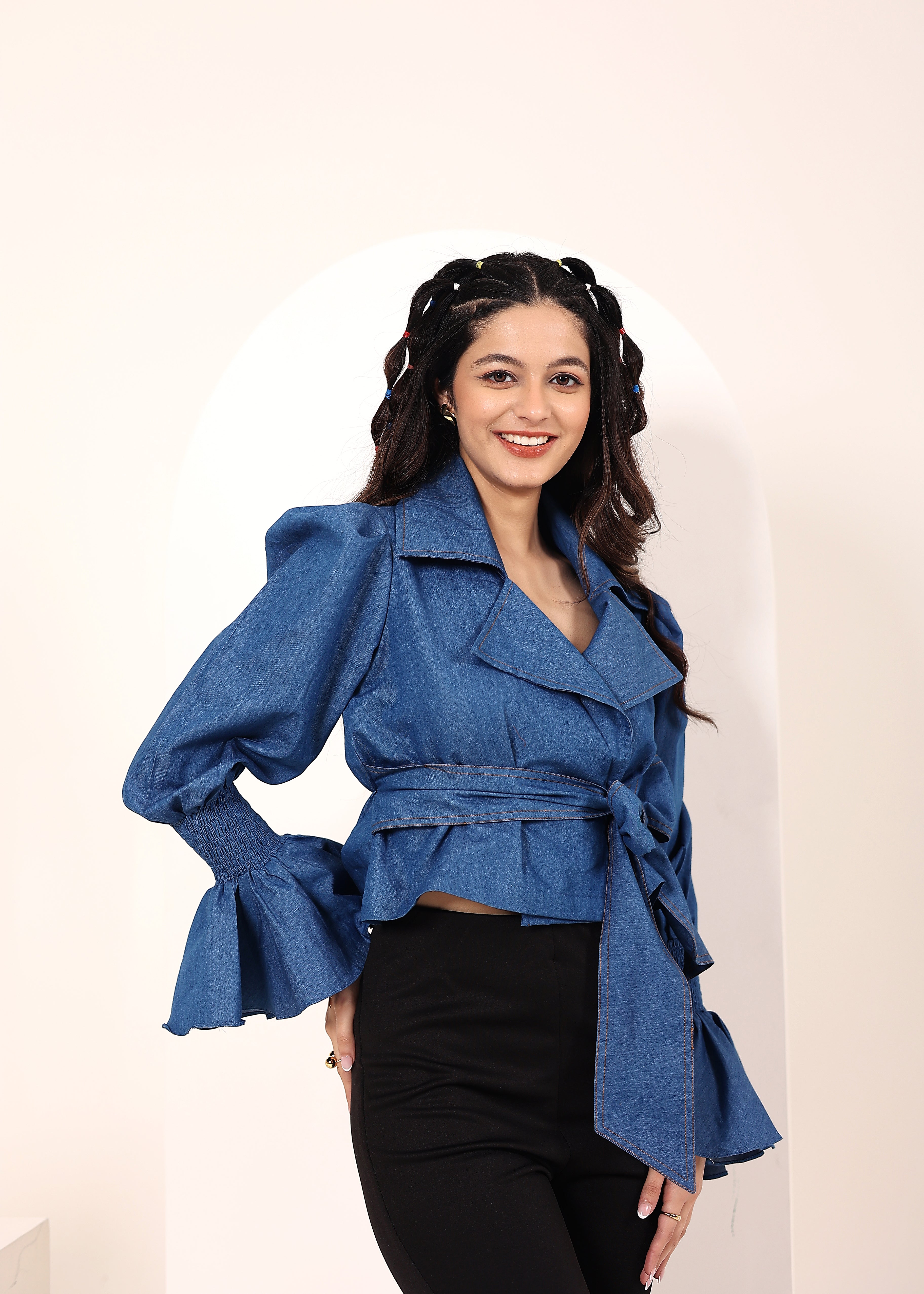 Blue Cotton Denim Collared Wrap Top with Fancy Sleeves and Waist tie up - Kaoribyshreya