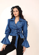 Blue Cotton Denim Collared Wrap Top with Fancy Sleeves and Waist tie up - Kaoribyshreya