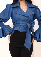 Blue Cotton Denim Collared Wrap Top with Fancy Sleeves and Waist tie up - Kaoribyshreya