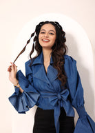 Blue Cotton Denim Collared Wrap Top with Fancy Sleeves and Waist tie up - Kaoribyshreya