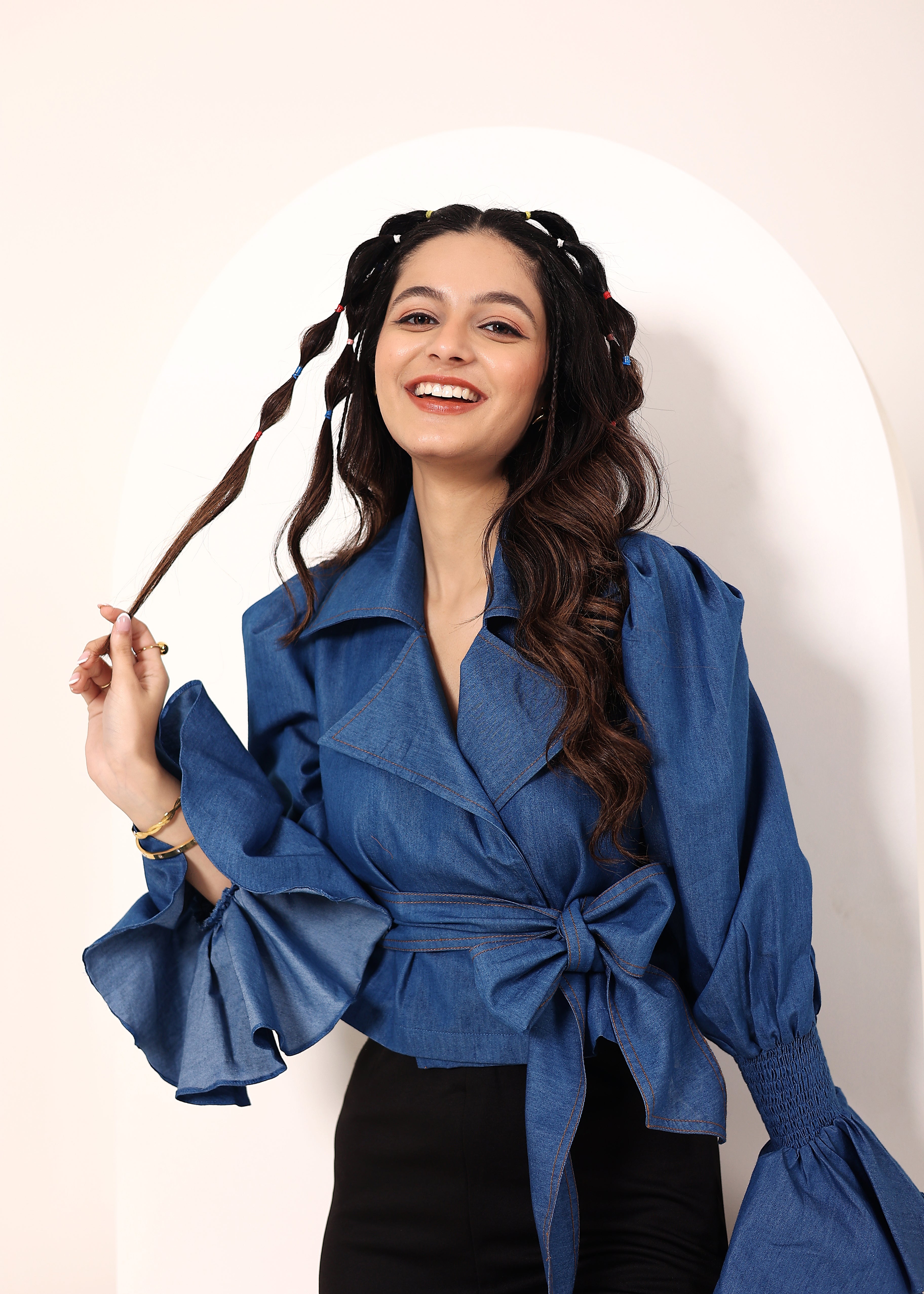 Blue Cotton Denim Collared Wrap Top with Fancy Sleeves and Waist tie up - Kaoribyshreya