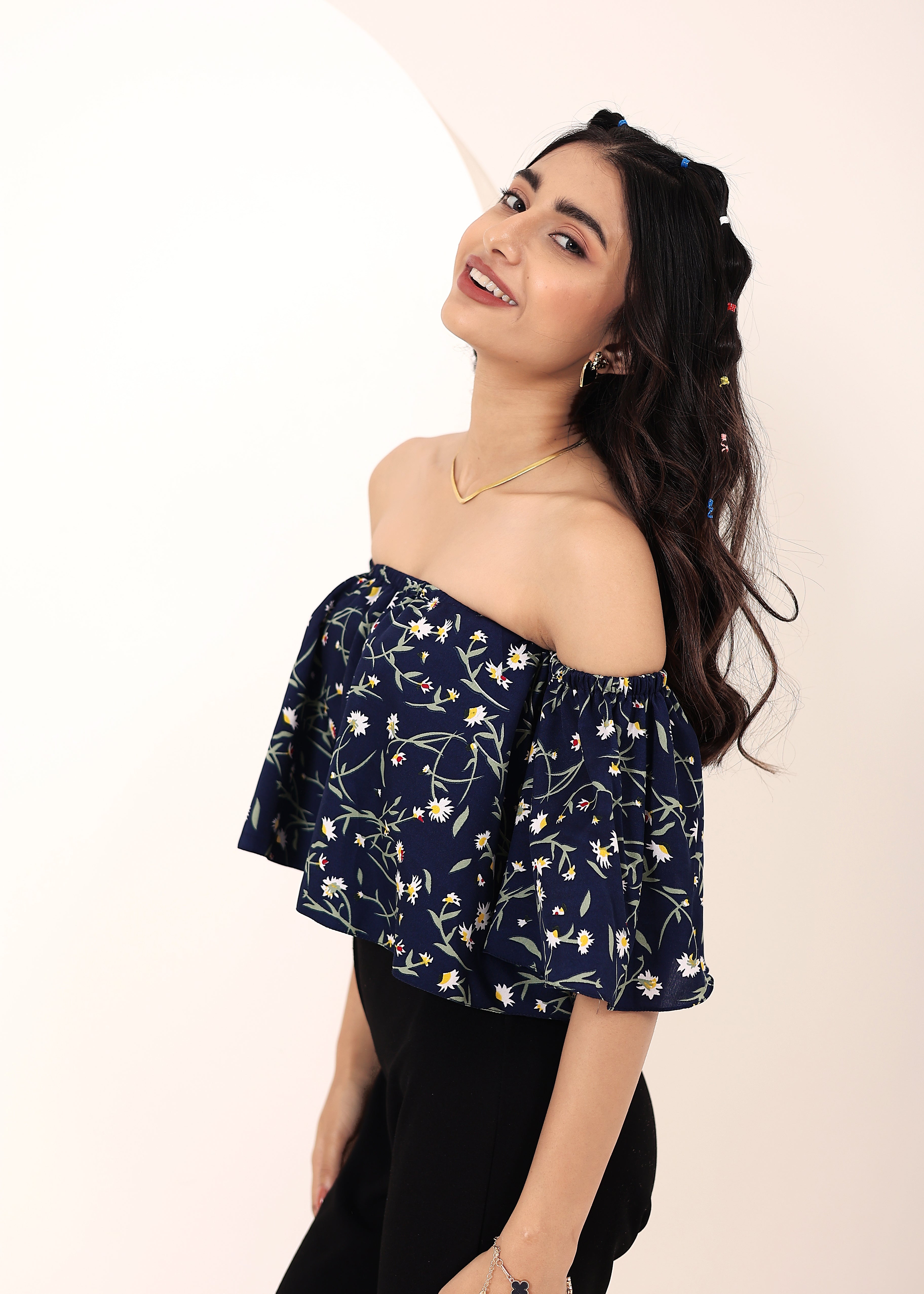 Blue Floral Print Off-Shoulder Crop Top - Kaoribyshreya