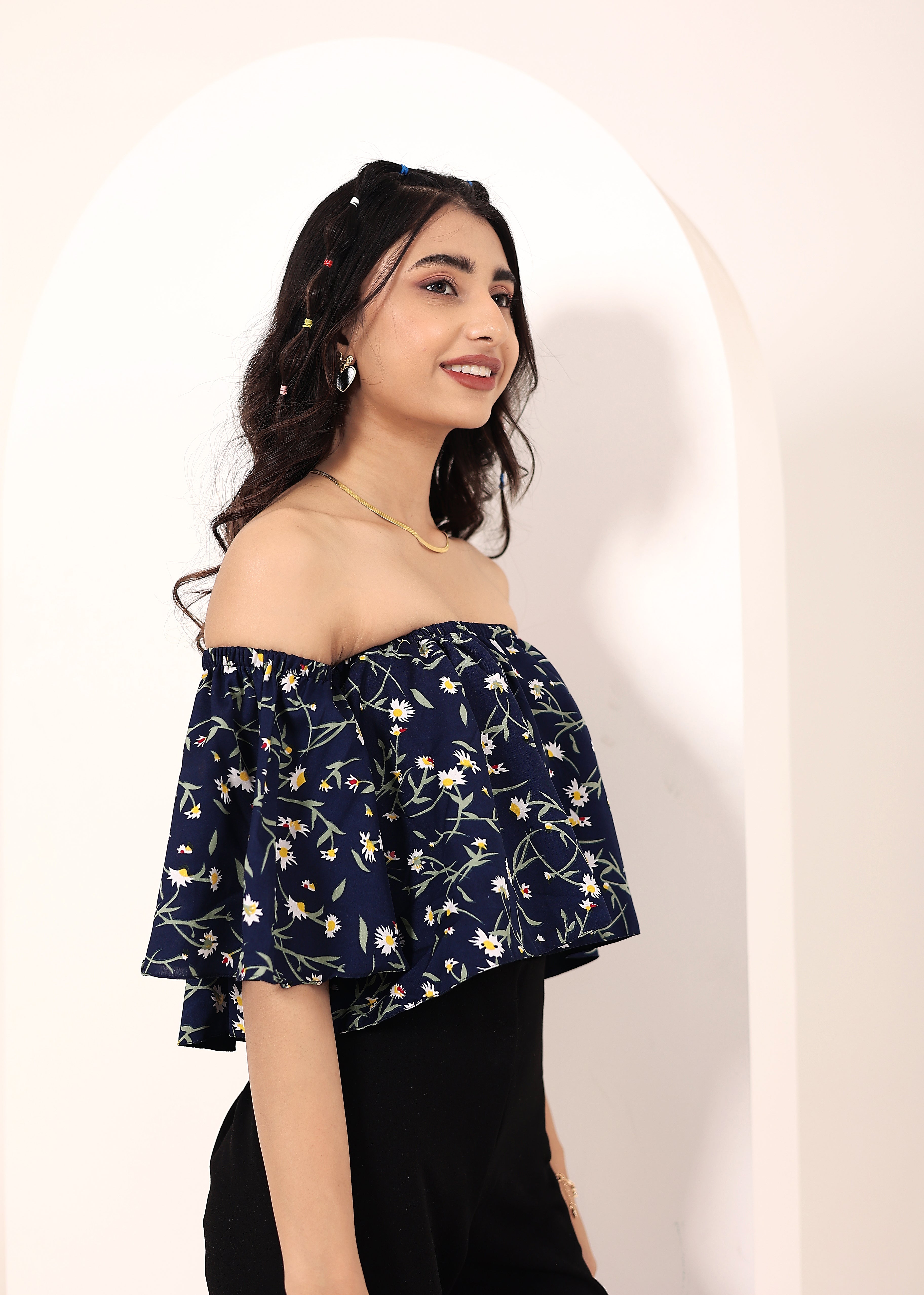 Blue Floral Print Off-Shoulder Crop Top - Kaoribyshreya