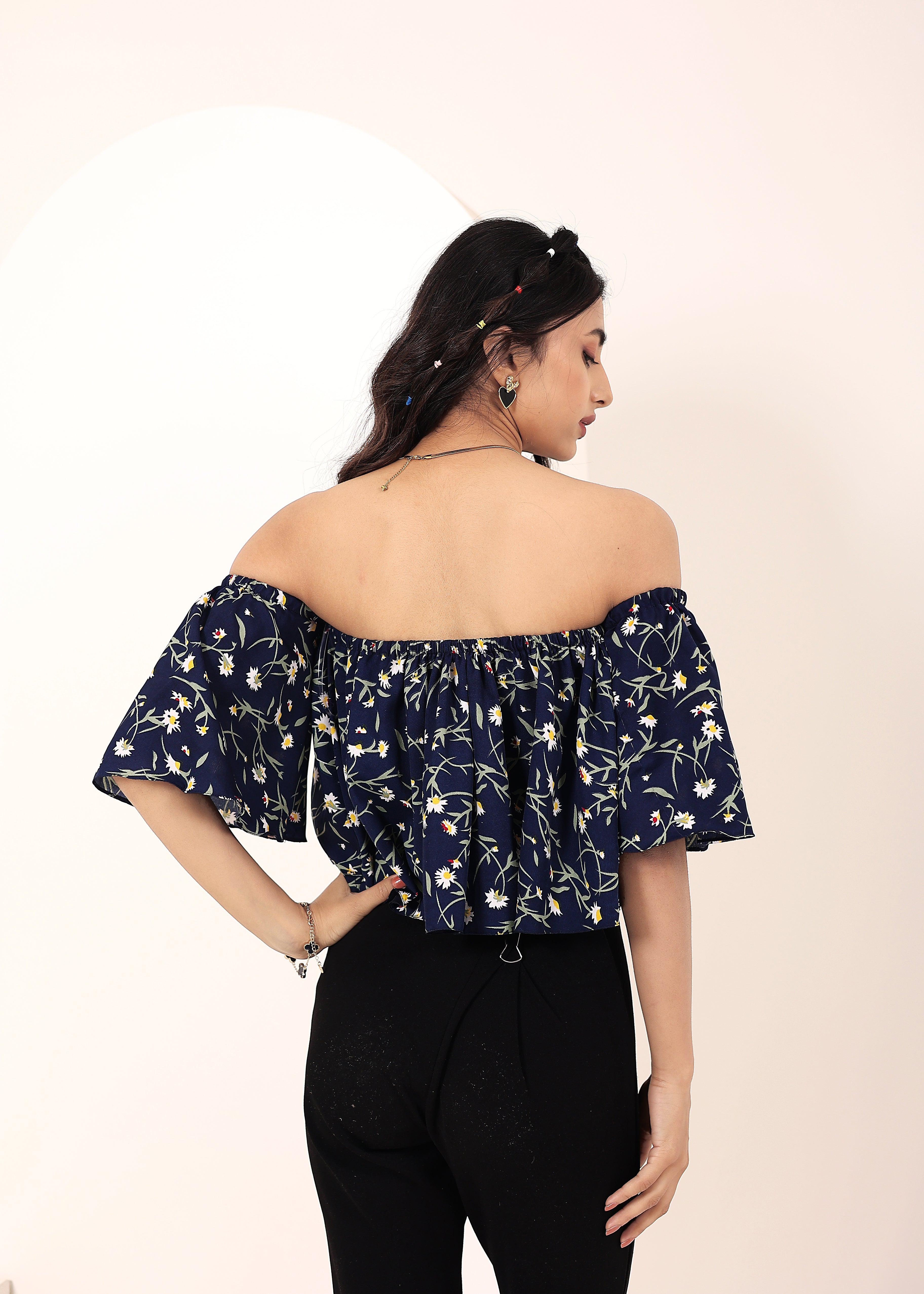 Blue Floral Print Off-Shoulder Crop Top - Kaoribyshreya