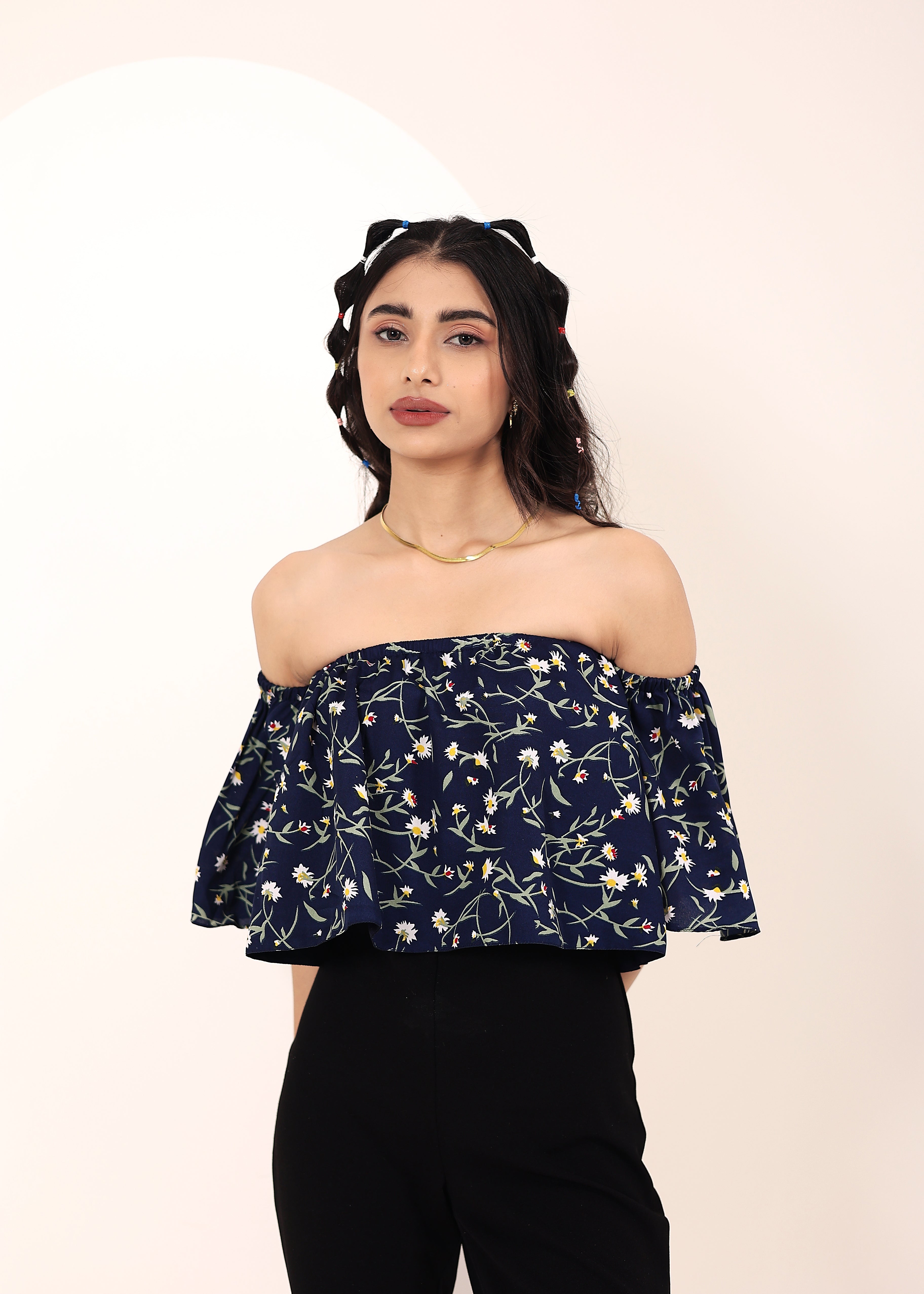 Blue Floral Print Off-Shoulder Crop Top - Kaoribyshreya
