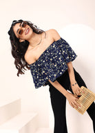 Blue Floral Print Off-Shoulder Crop Top - Kaoribyshreya