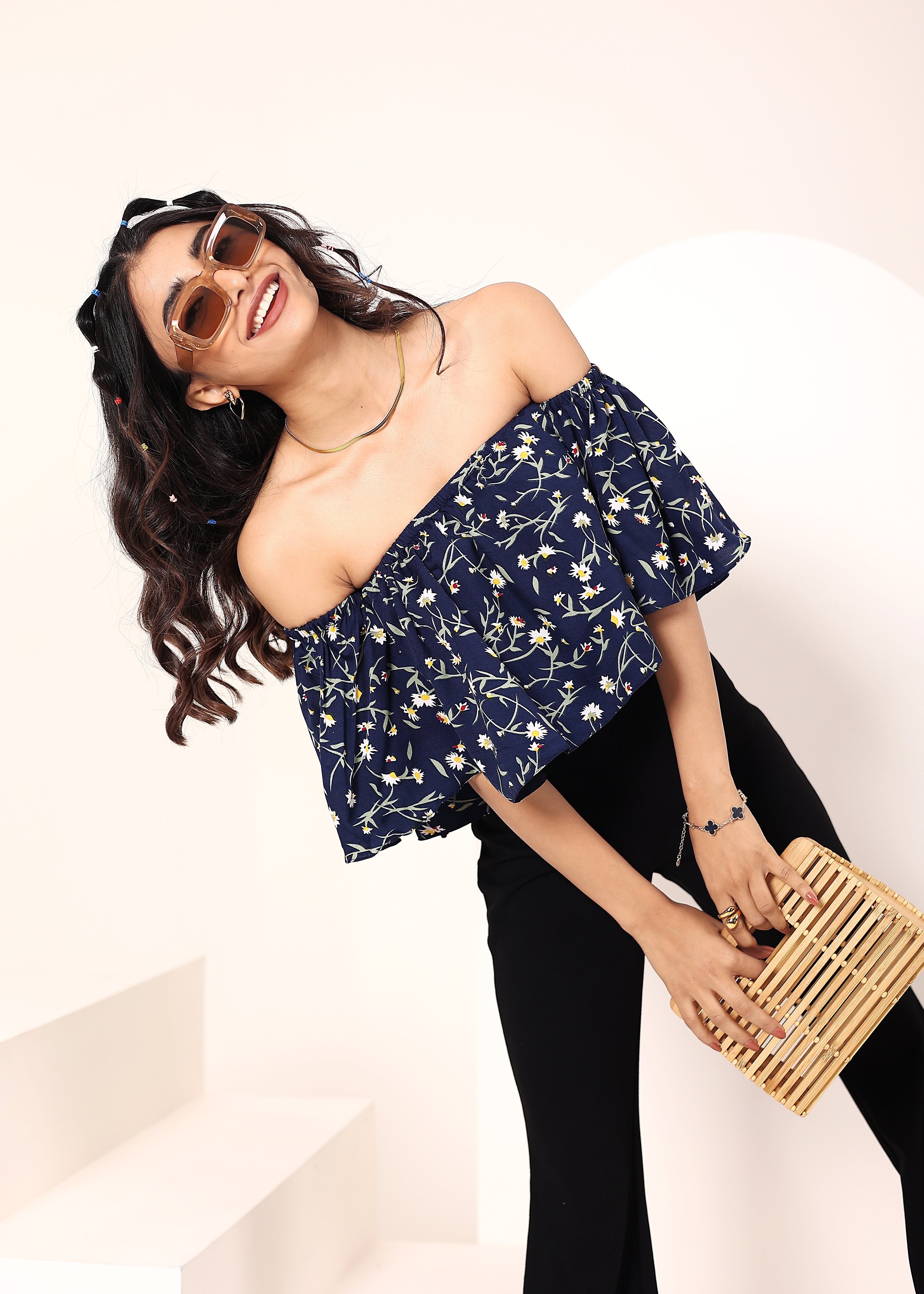 Blue Floral Print Off-Shoulder Crop Top - Kaoribyshreya