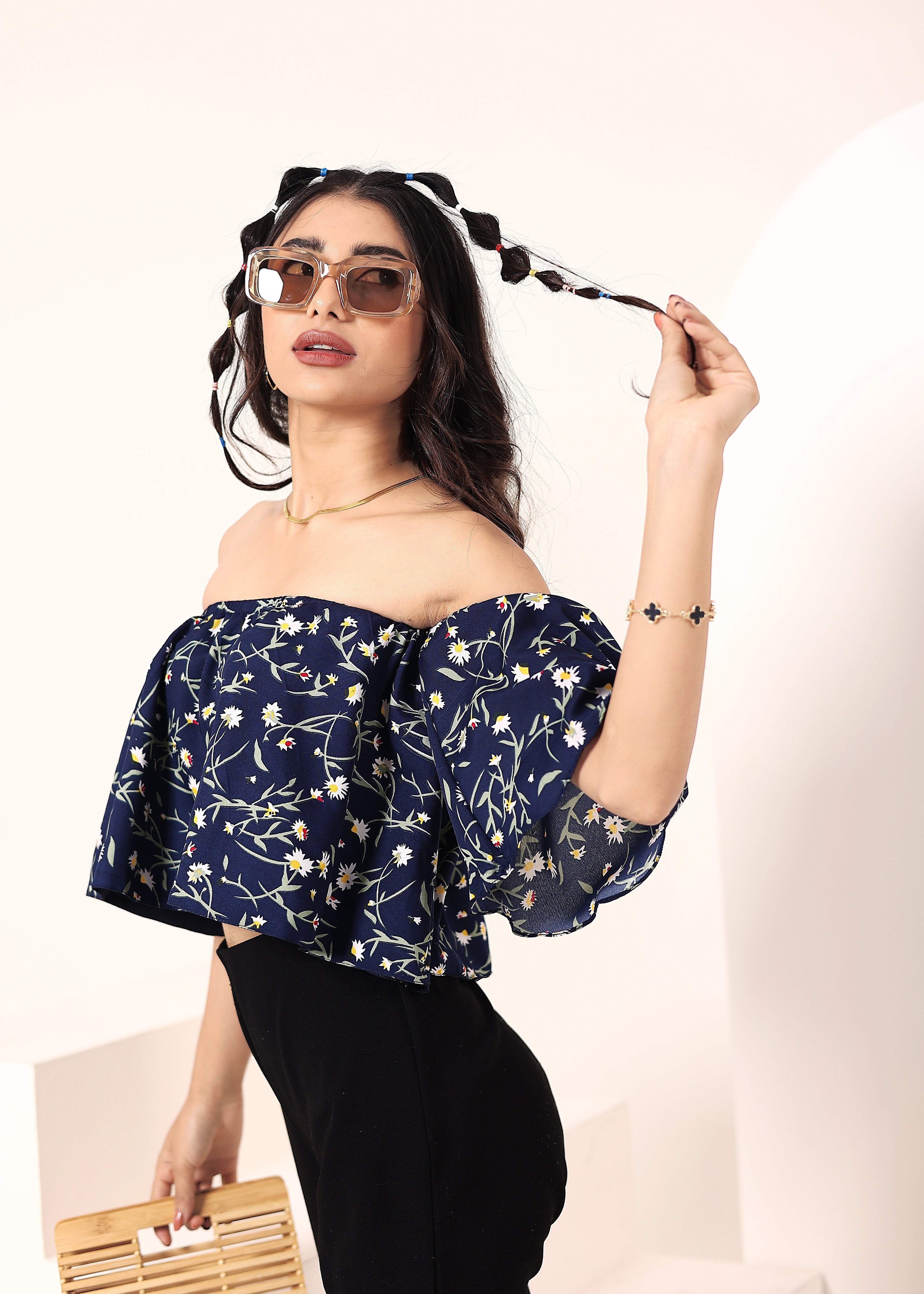 Blue Floral Print Off-Shoulder Crop Top - Kaoribyshreya