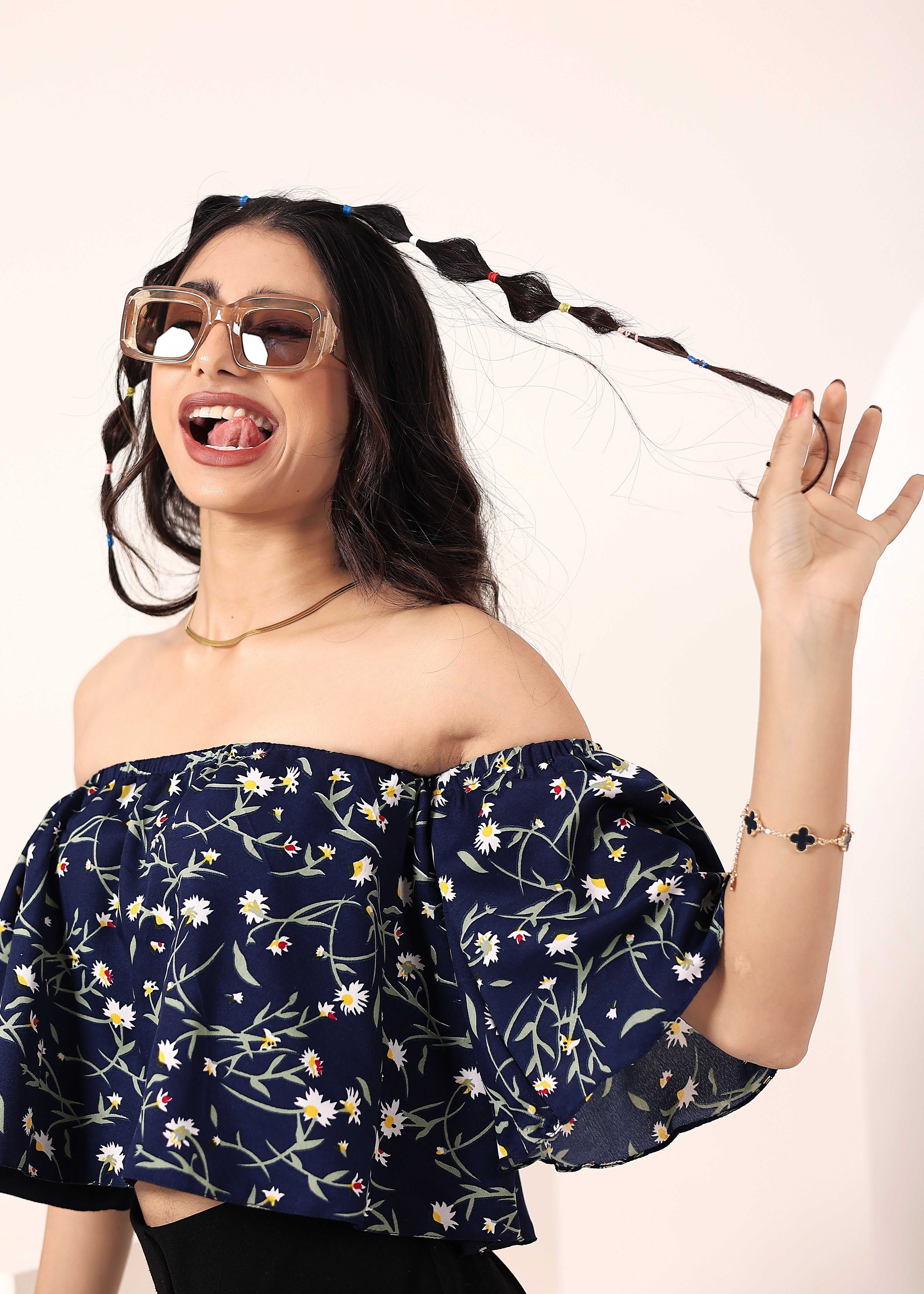 Blue Floral Print Off-Shoulder Crop Top - Kaoribyshreya