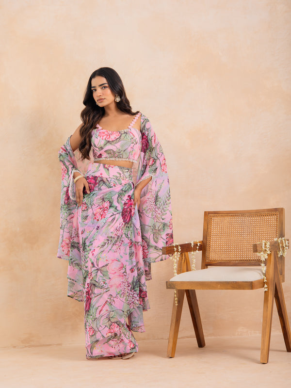 NYSA - Baby Pink Floral Printed Drape Skirt Set