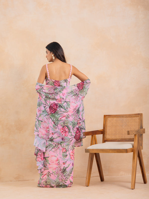 NYSA - Baby Pink Floral Printed Drape Skirt Set