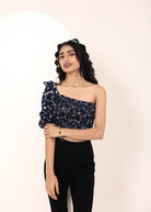 Blue Floral printed One-Shoulder Crop Top with smoked detailing - Kaoribyshreya
