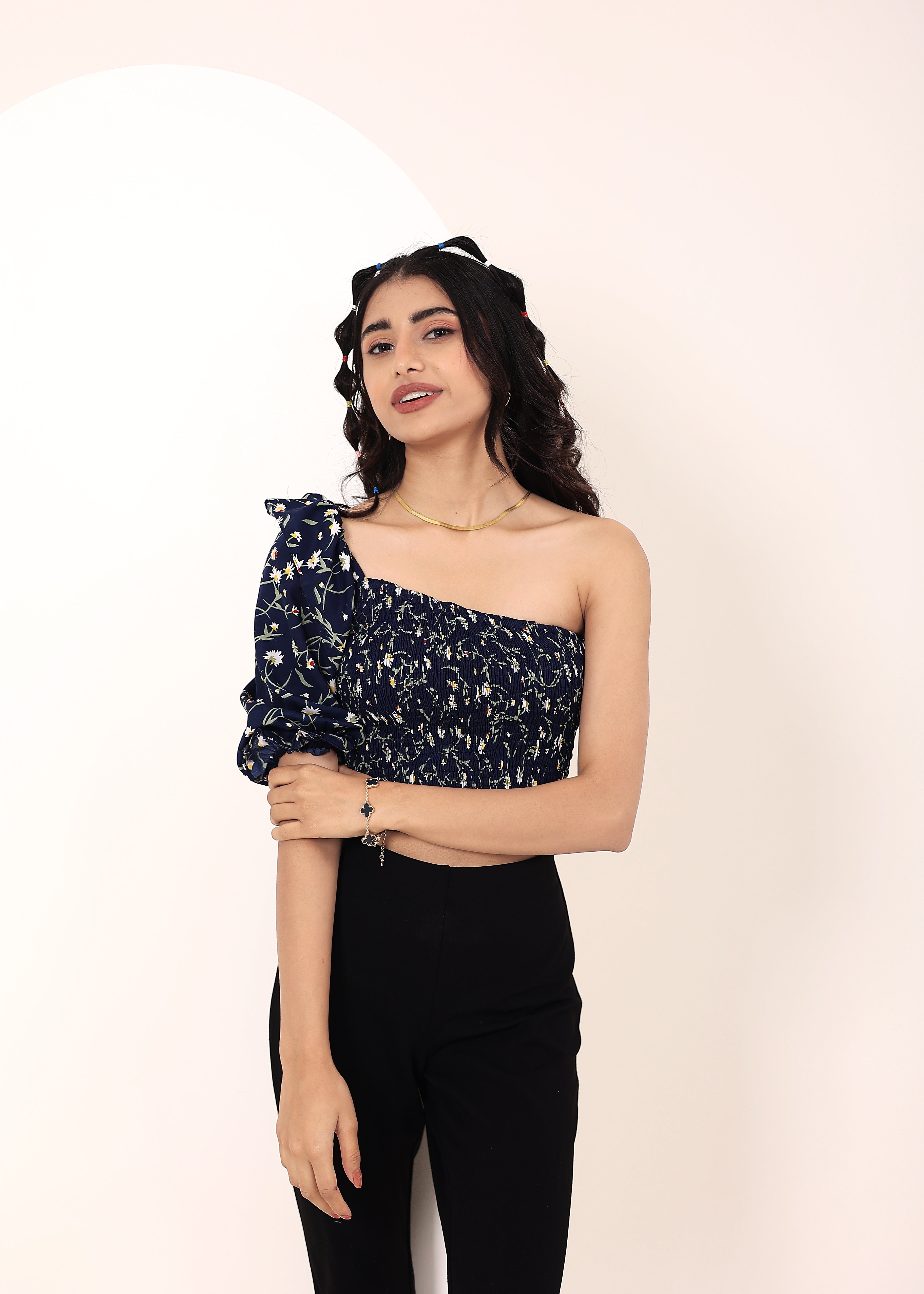 Blue Floral printed One-Shoulder Crop Top with smoked detailing - Kaoribyshreya