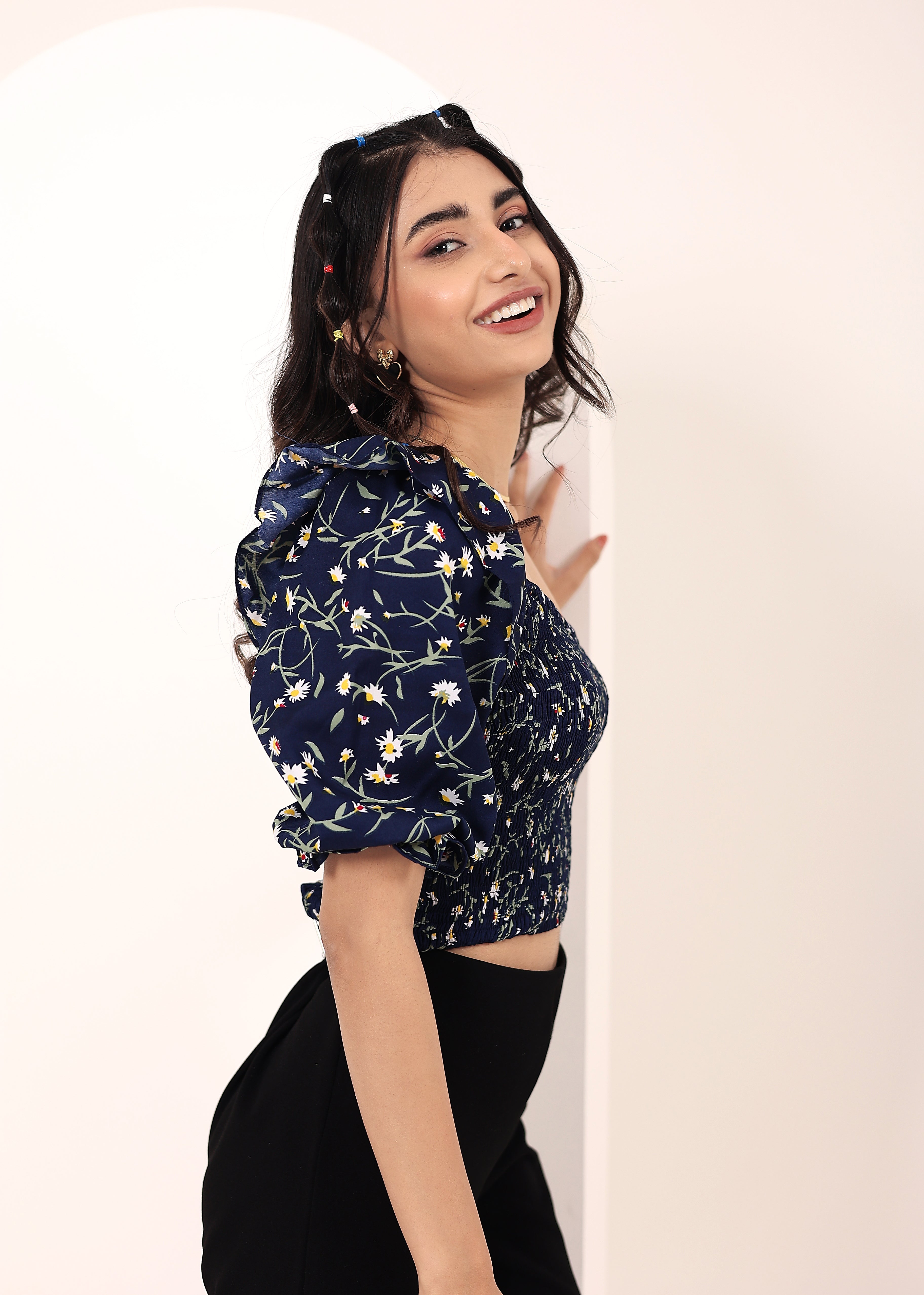 Blue Floral printed One-Shoulder Crop Top with smoked detailing - Kaoribyshreya