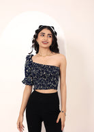 Blue Floral printed One-Shoulder Crop Top with smoked detailing - Kaoribyshreya