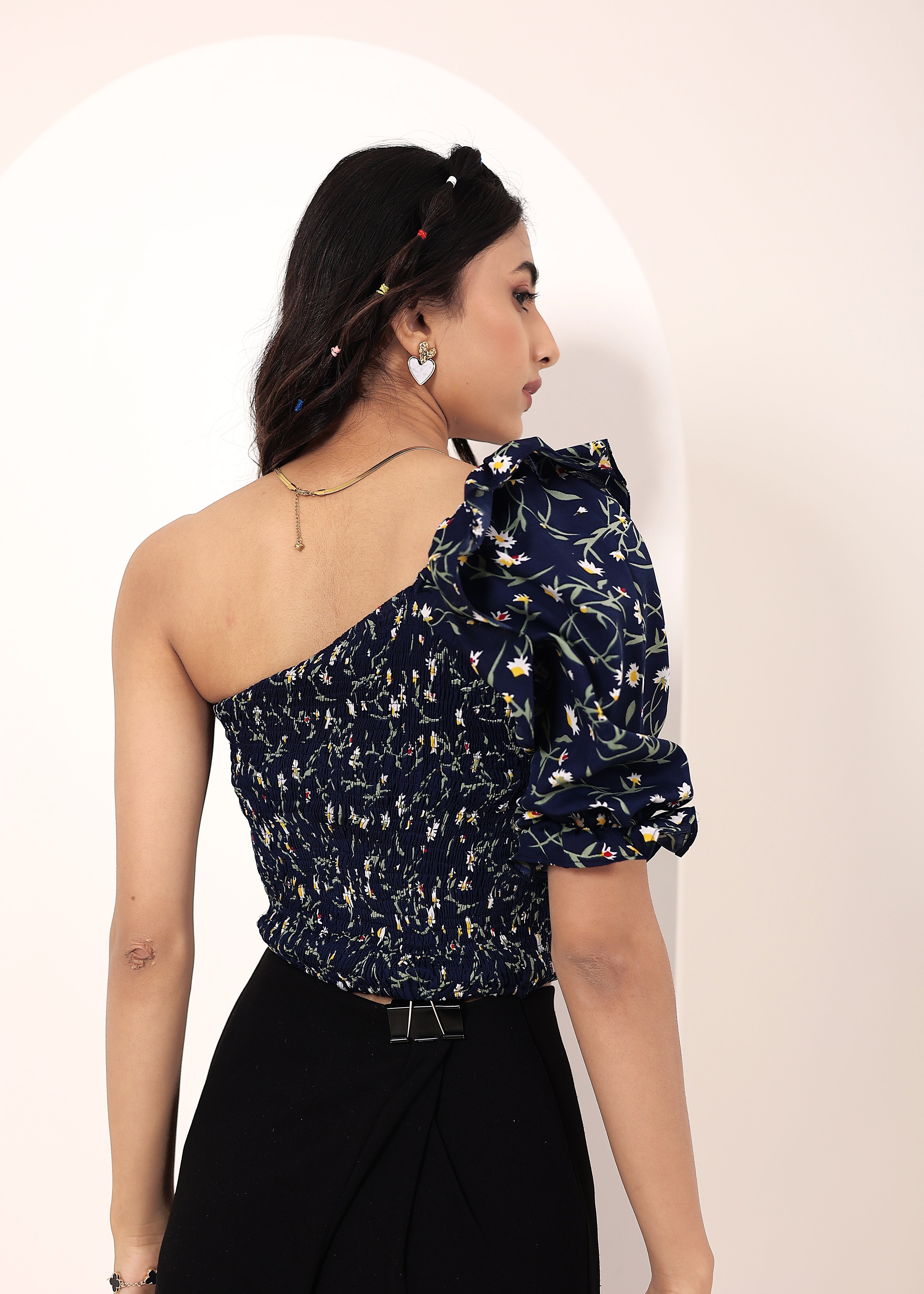 Blue Floral printed One-Shoulder Crop Top with smoked detailing - Kaoribyshreya