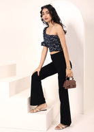 Blue Floral printed One-Shoulder Crop Top with smoked detailing - Kaoribyshreya