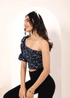 Blue Floral printed One-Shoulder Crop Top with smoked detailing - Kaoribyshreya