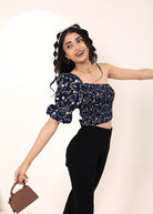 Blue Floral printed One-Shoulder Crop Top with smoked detailing - Kaoribyshreya