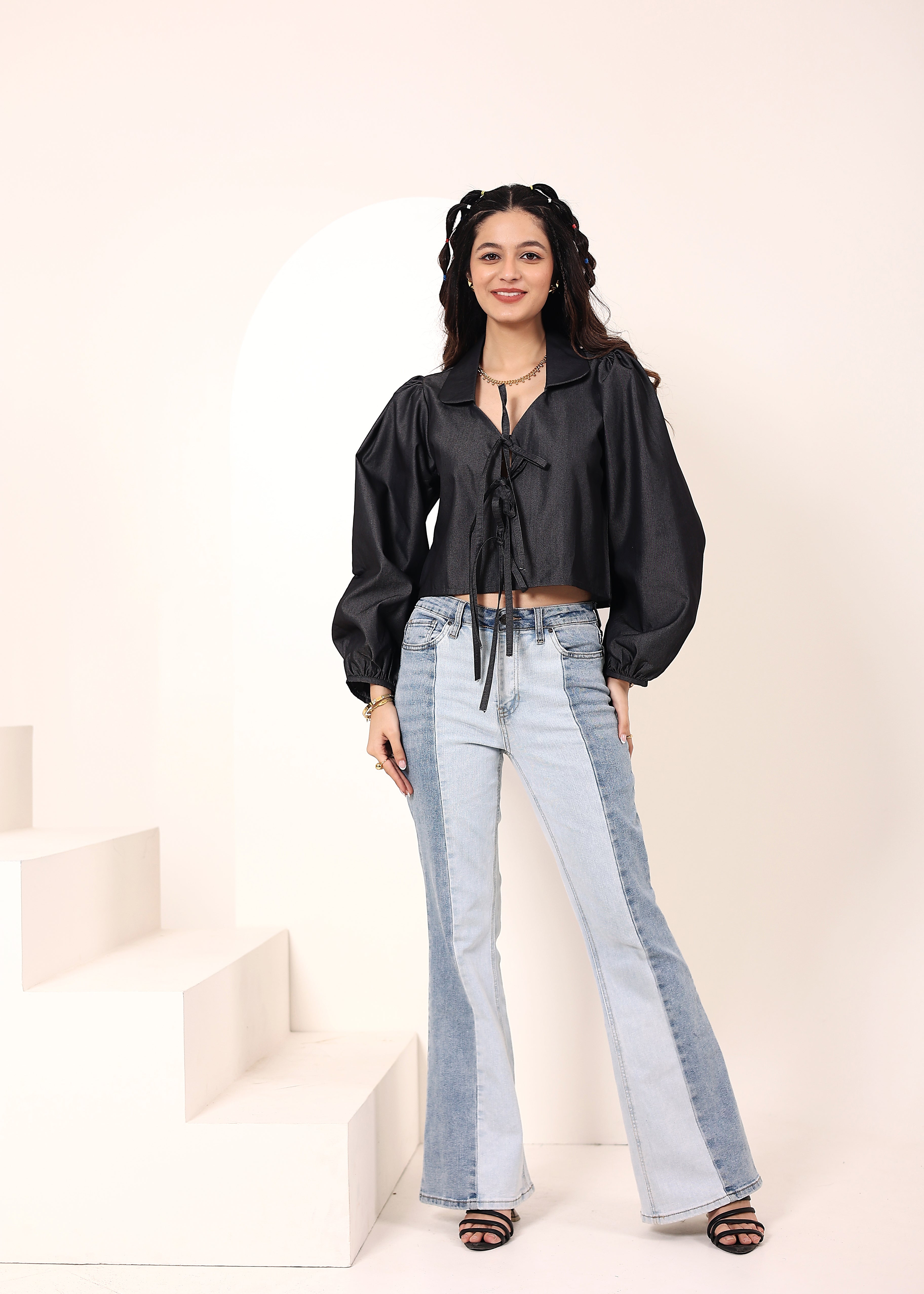 Black cotton denim  Front Tie-Up Cotton Top - Kaoribyshreya