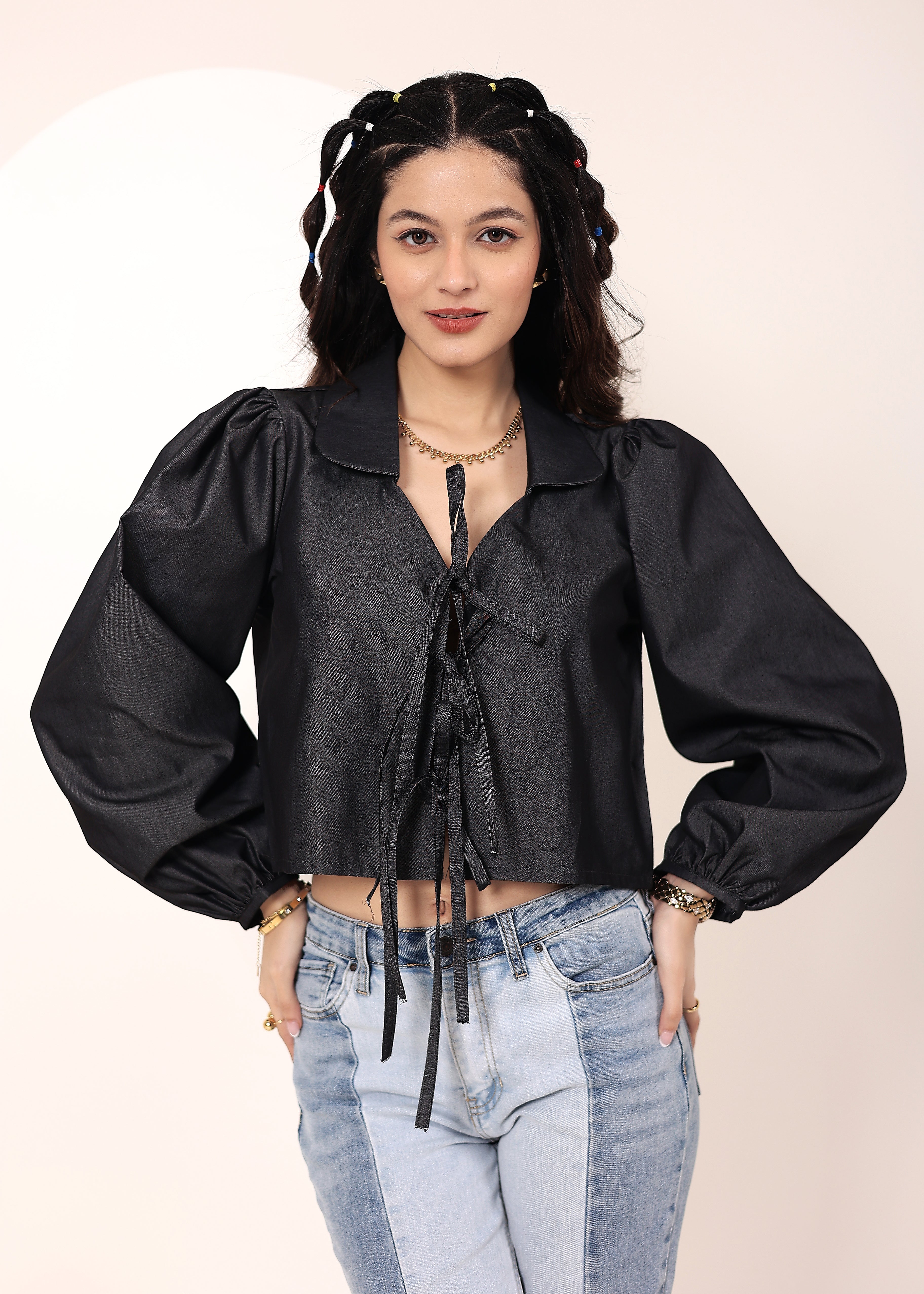 Black cotton denim  Front Tie-Up Cotton Top - Kaoribyshreya