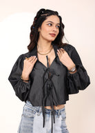 Black cotton denim  Front Tie-Up Cotton Top - Kaoribyshreya