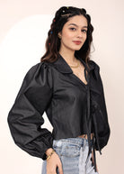 Black cotton denim  Front Tie-Up Cotton Top - Kaoribyshreya