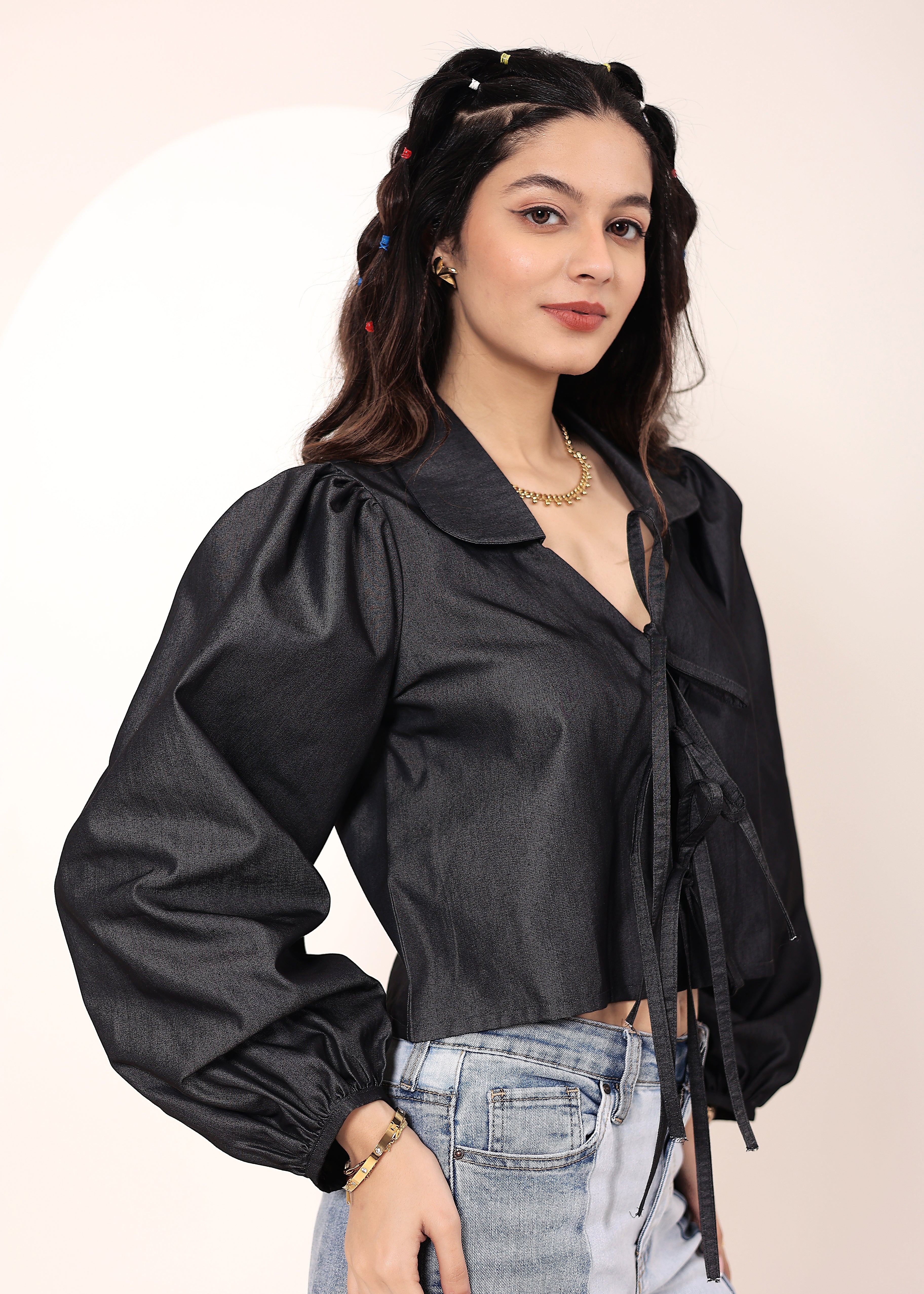 Black cotton denim  Front Tie-Up Cotton Top - Kaoribyshreya
