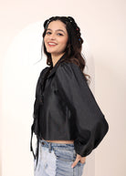 Black cotton denim  Front Tie-Up Cotton Top - Kaoribyshreya