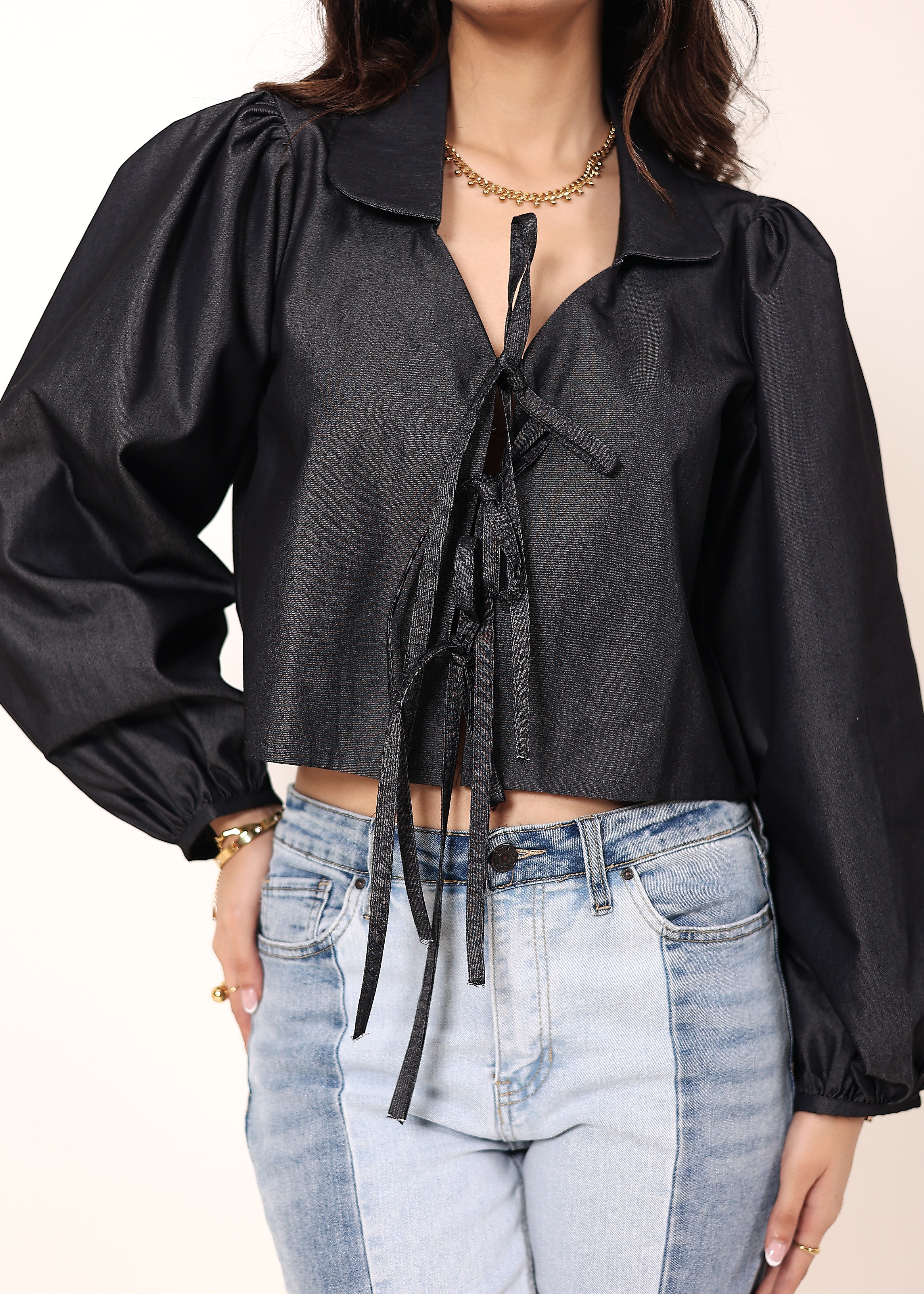 Black cotton denim  Front Tie-Up Cotton Top - Kaoribyshreya