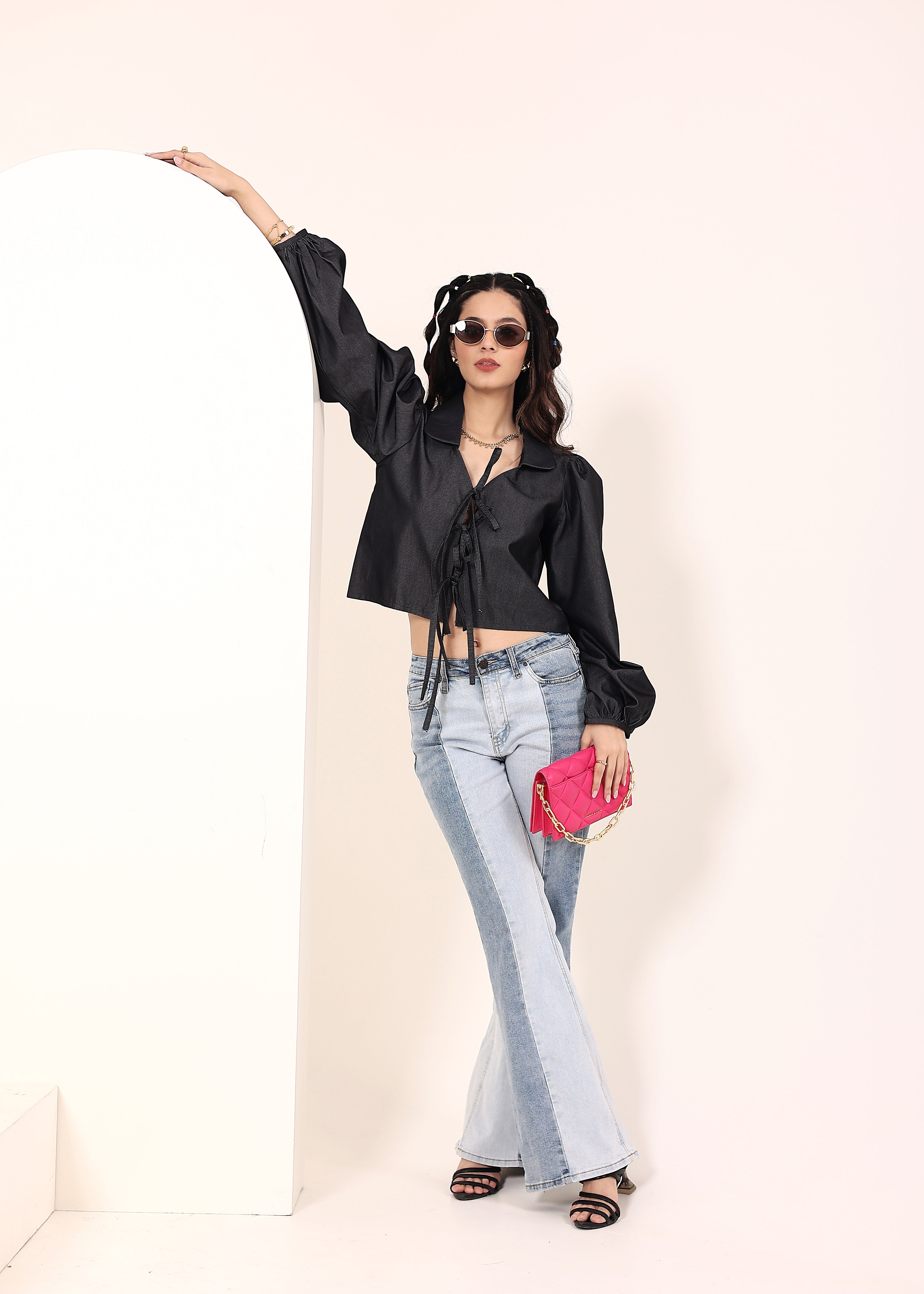 Black cotton denim  Front Tie-Up Cotton Top - Kaoribyshreya
