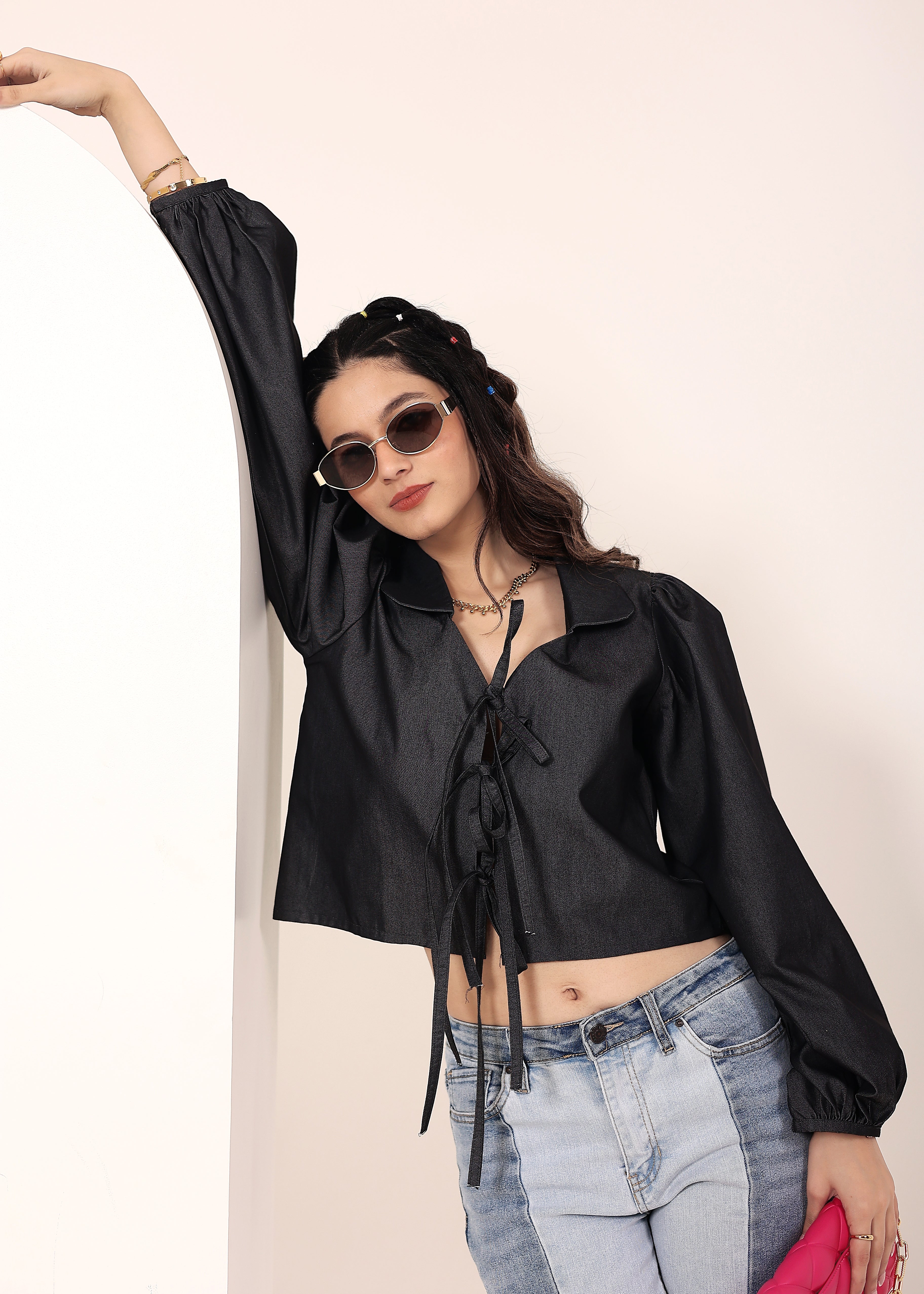 Black cotton denim  Front Tie-Up Cotton Top - Kaoribyshreya