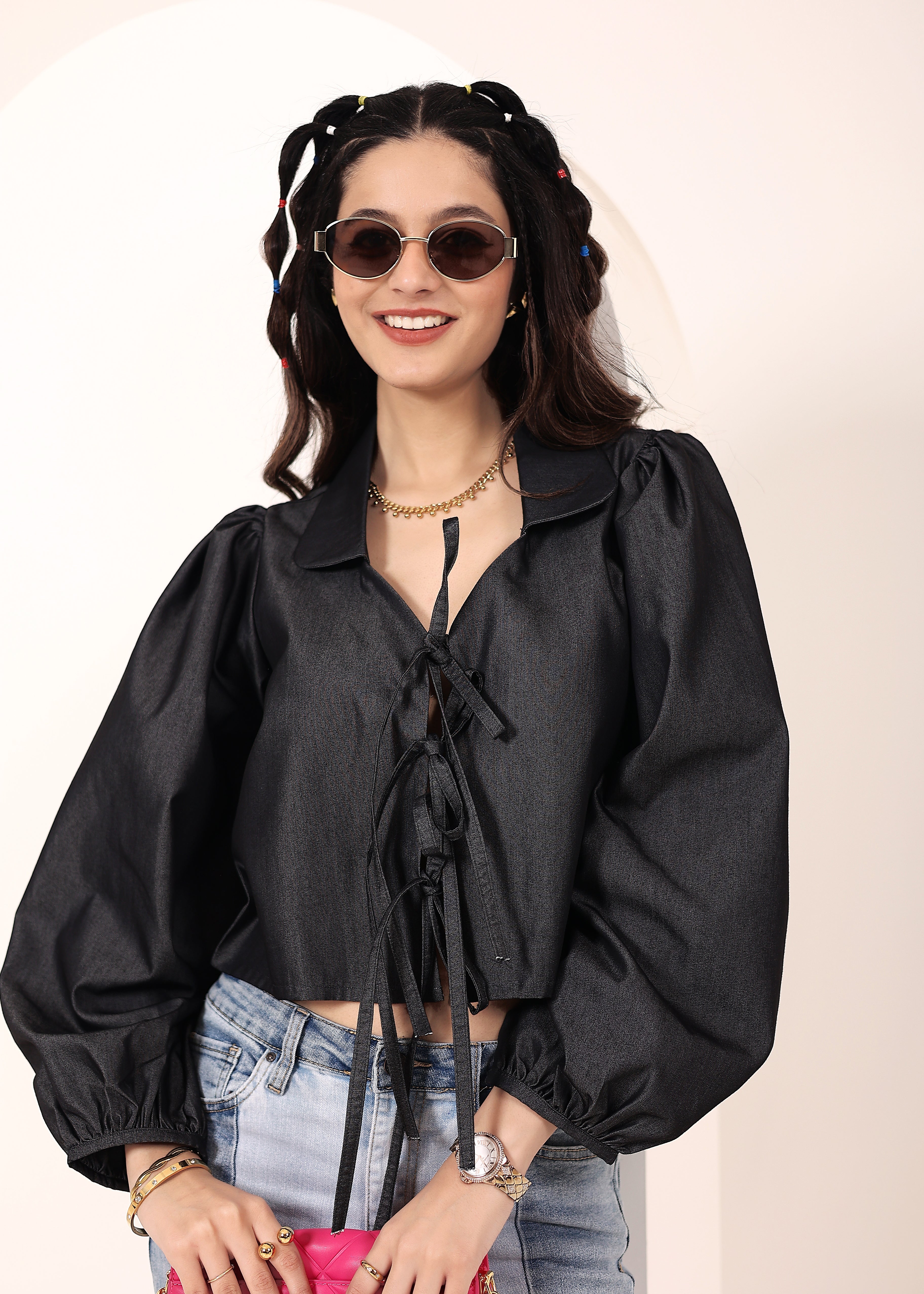 Black cotton denim  Front Tie-Up Cotton Top - Kaoribyshreya