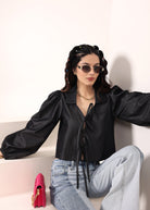 Black cotton denim  Front Tie-Up Cotton Top - Kaoribyshreya