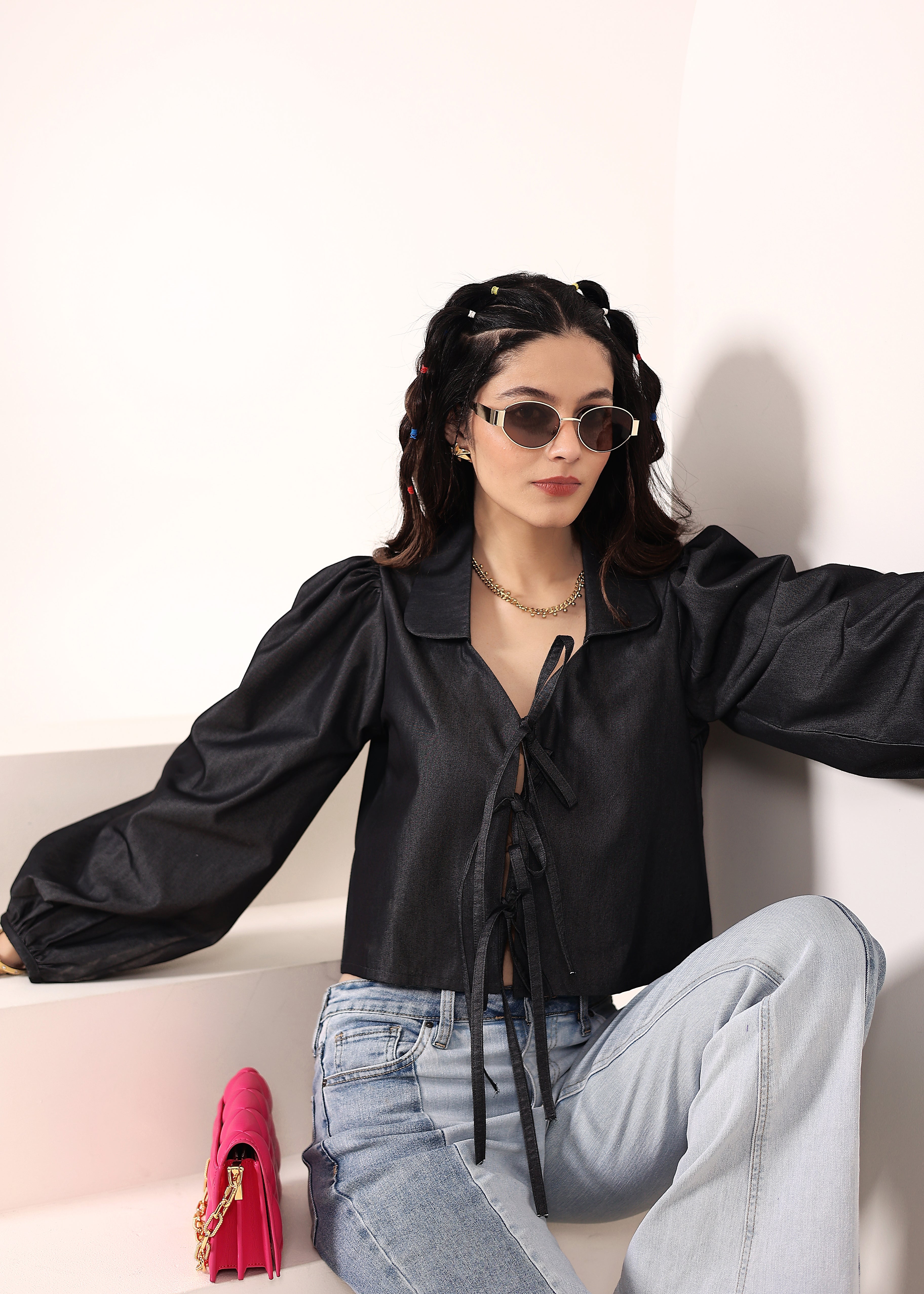 Black cotton denim  Front Tie-Up Cotton Top - Kaoribyshreya