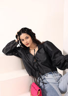 Black cotton denim  Front Tie-Up Cotton Top - Kaoribyshreya