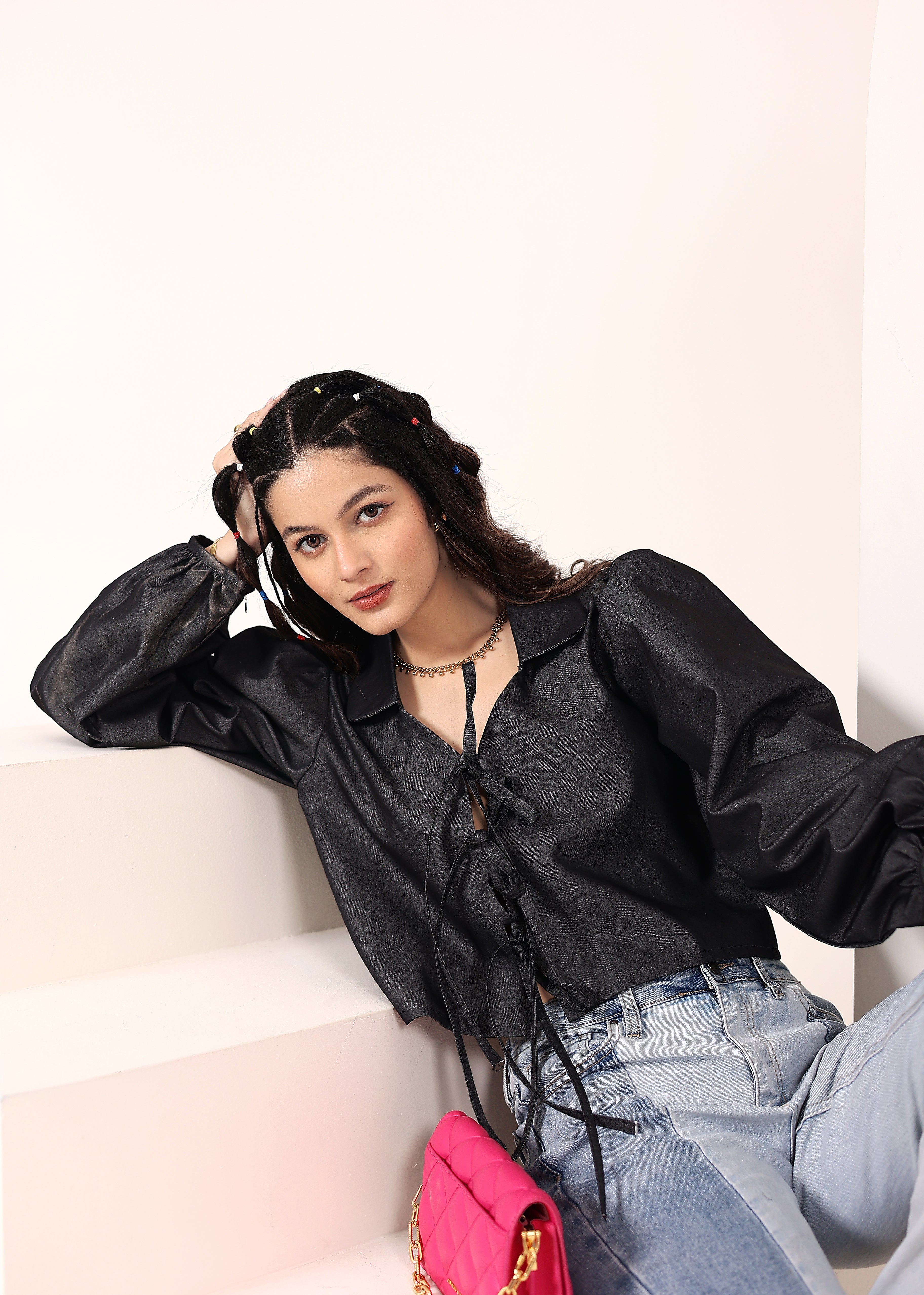 Black cotton denim  Front Tie-Up Cotton Top - Kaoribyshreya