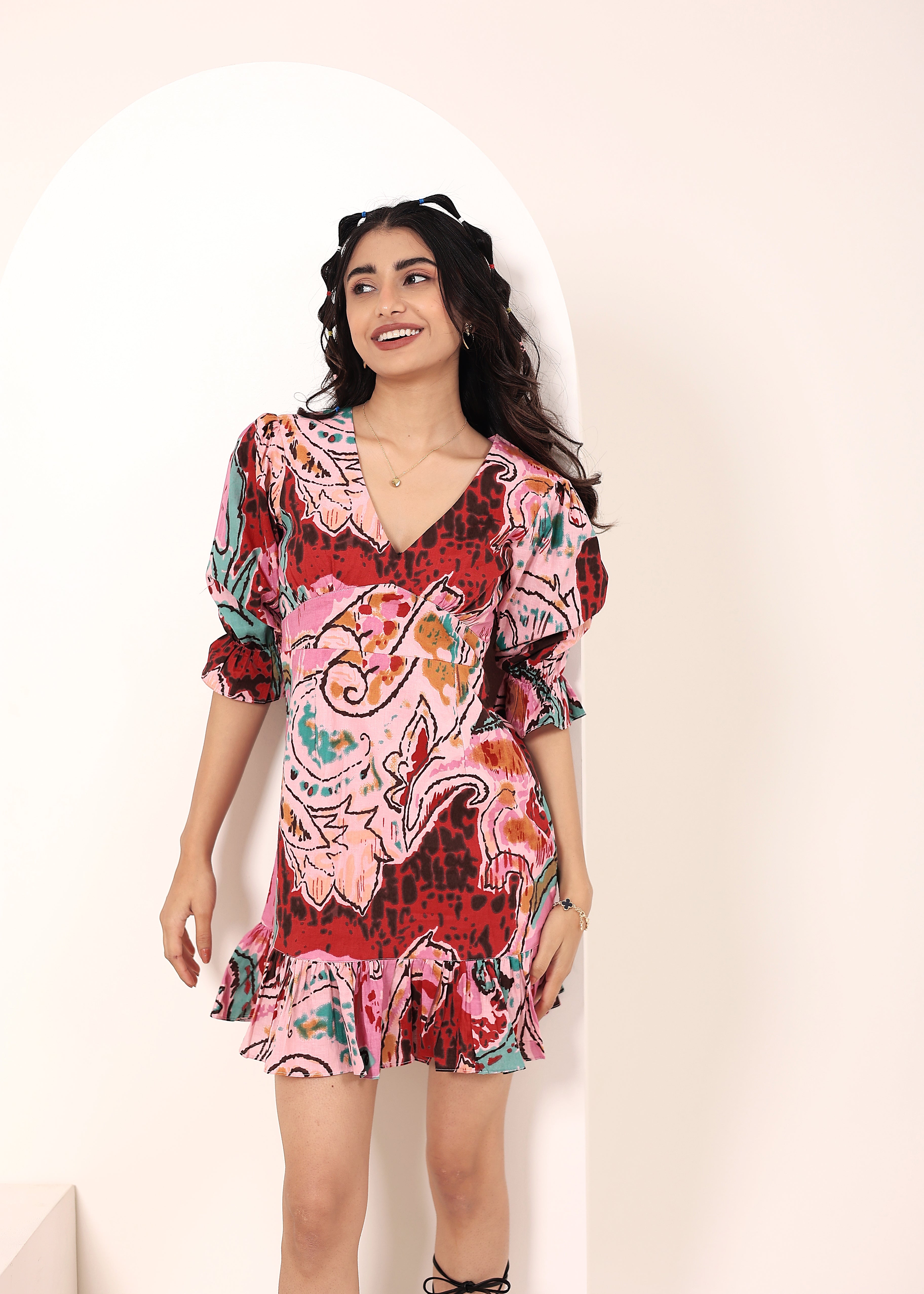 Candy Pink Multi-Colored Cotton Mini Dress - Kaoribyshreya