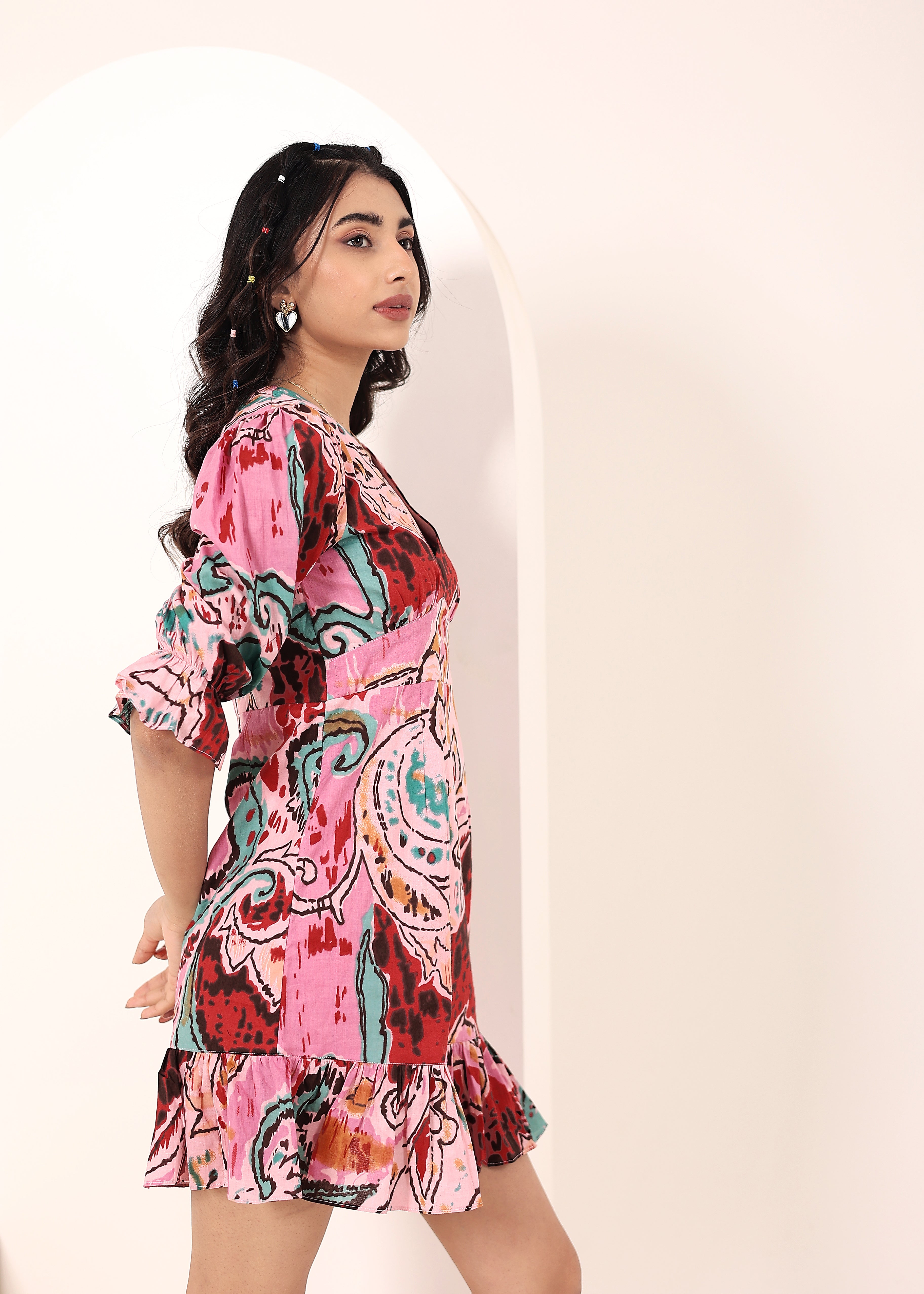Candy Pink Multi-Colored Cotton Mini Dress - Kaoribyshreya