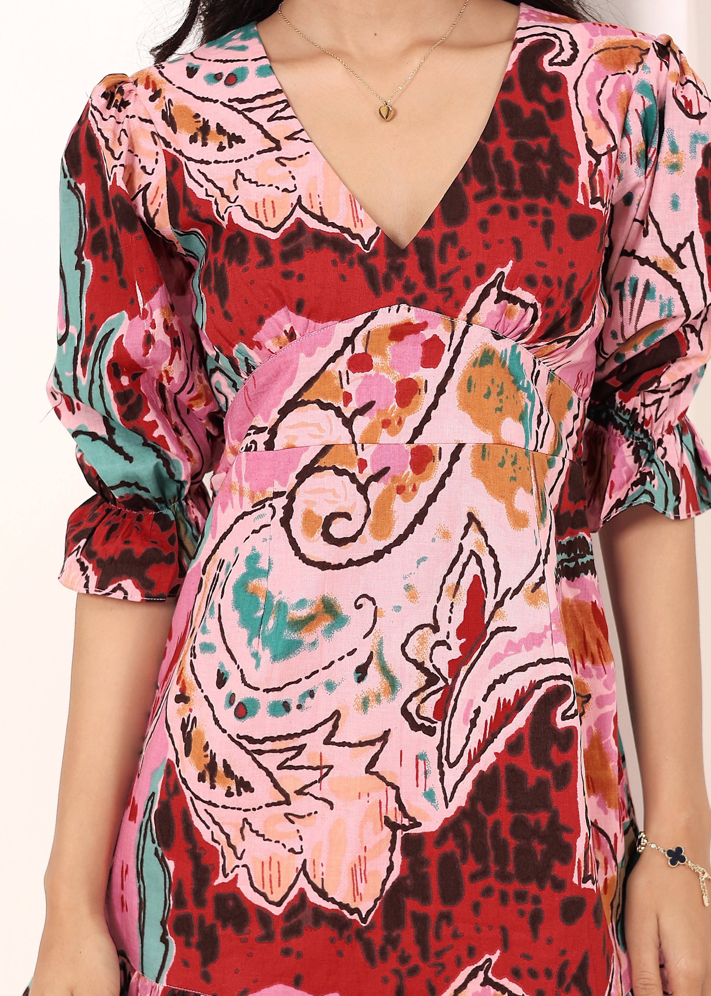 Candy Pink Multi-Colored Cotton Mini Dress - Kaoribyshreya