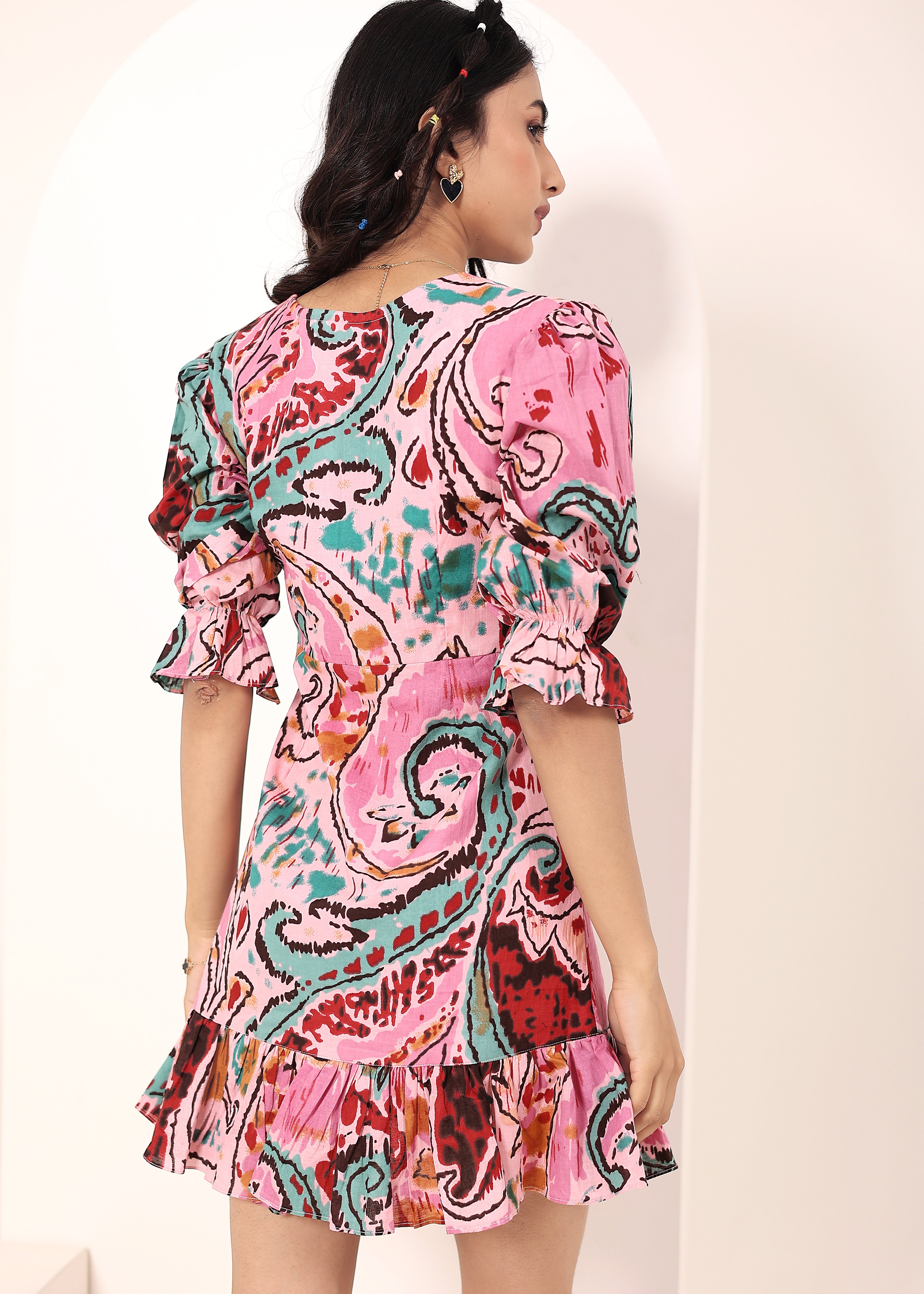 Candy Pink Multi-Colored Cotton Mini Dress - Kaoribyshreya