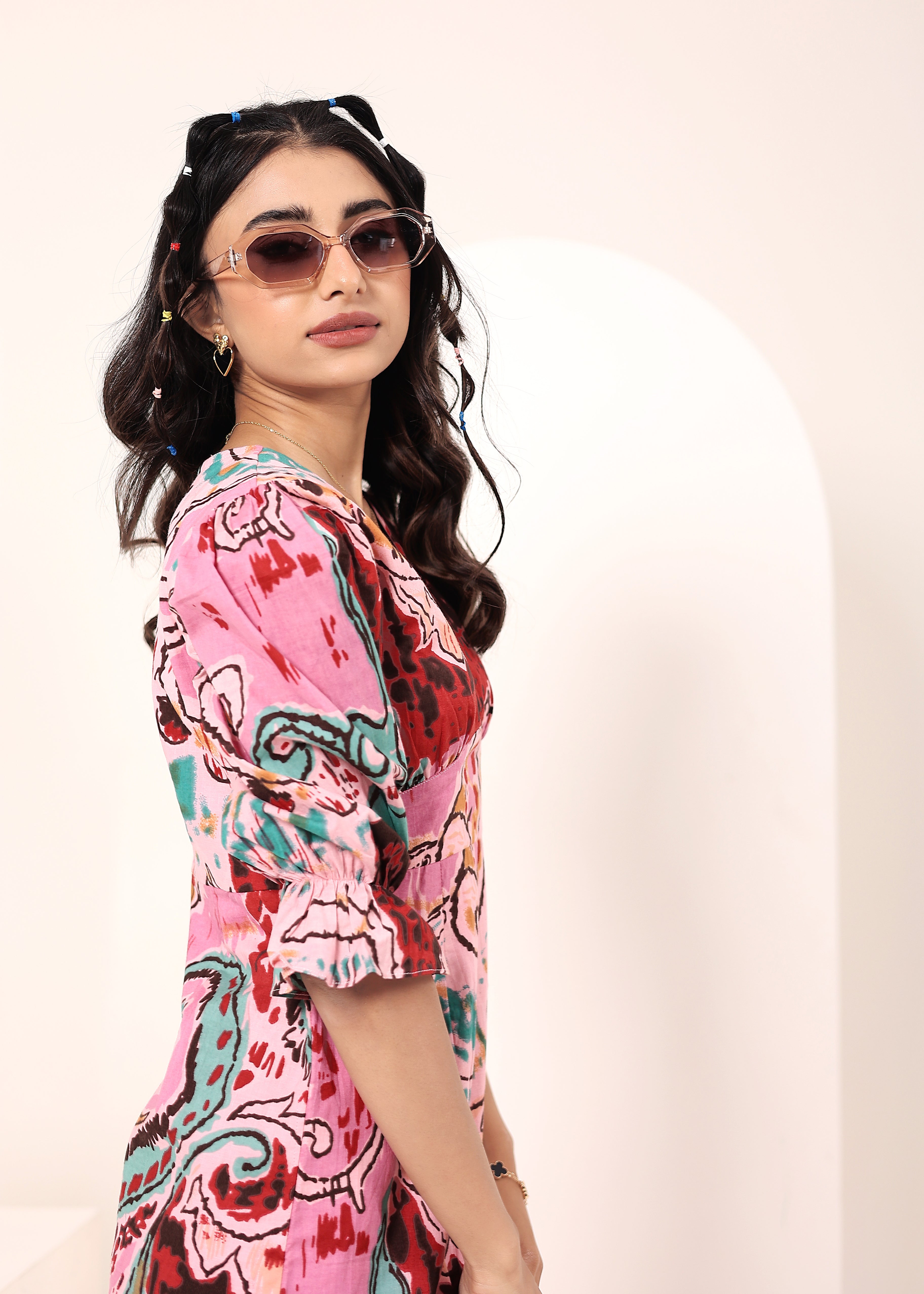 Candy Pink Multi-Colored Cotton Mini Dress - Kaoribyshreya