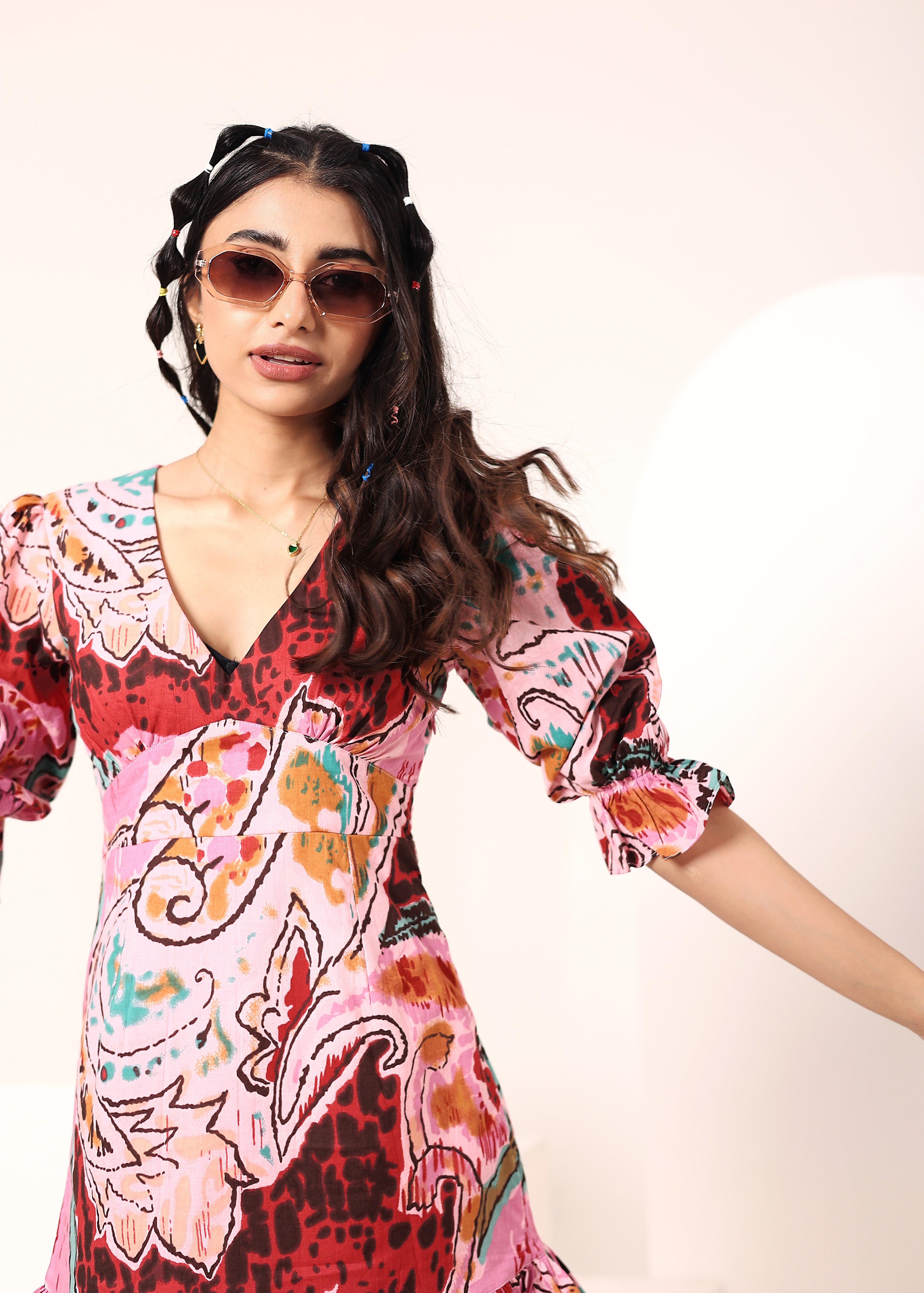 Candy Pink Multi-Colored Cotton Mini Dress - Kaoribyshreya