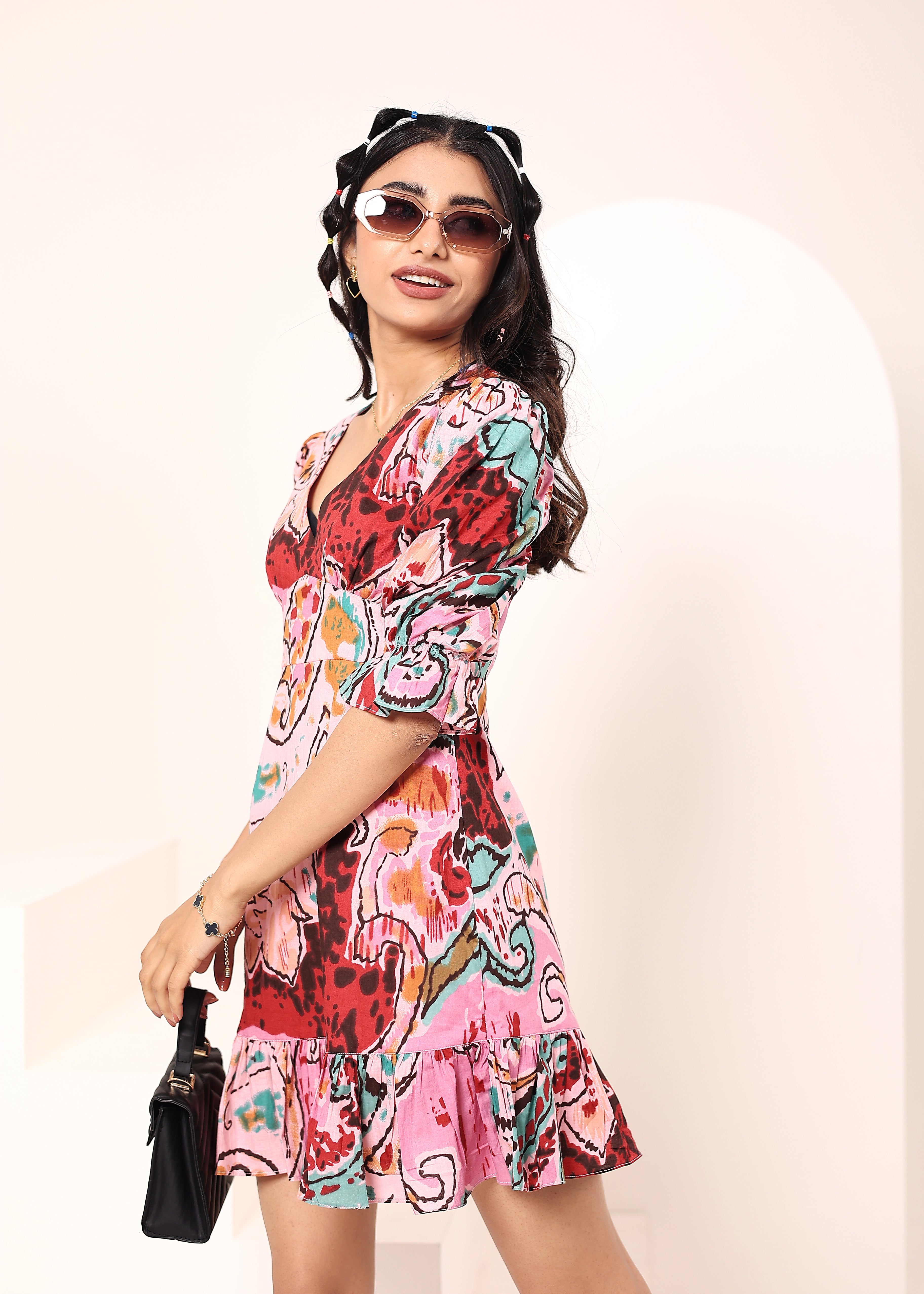 Candy Pink Multi-Colored Cotton Mini Dress - Kaoribyshreya