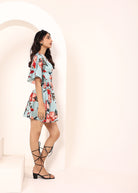 Sky Blue Floral Printed Wrap Mini Dress - Kaoribyshreya