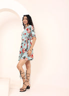 Sky Blue Floral Printed Wrap Mini Dress - Kaoribyshreya