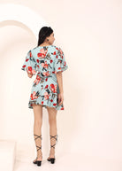 Sky Blue Floral Printed Wrap Mini Dress - Kaoribyshreya