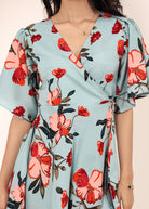 Sky Blue Floral Printed Wrap Mini Dress - Kaoribyshreya